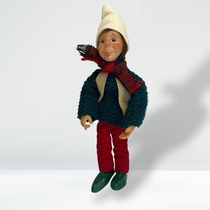 Vintage Byers' Choice Kindle Creations Boy Figurine Scarf Red Green 7”